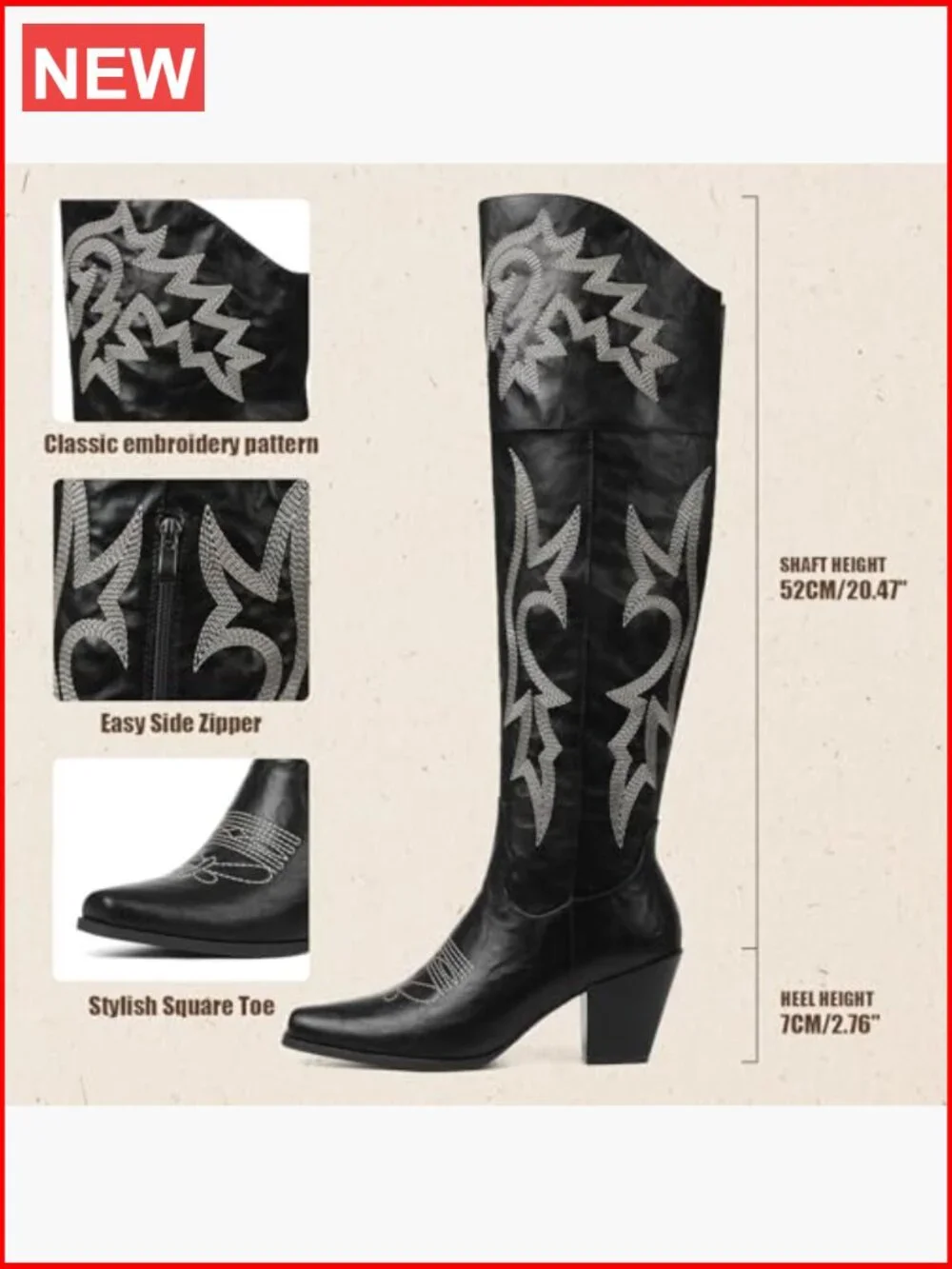 Over the Knee Boots with Chunky Heel Pointed Toe Embroidered Western Boot